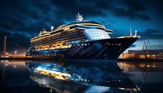 This large cruise ship is docked at night in the style of blue and amber