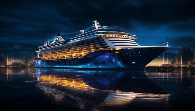 Photo this large cruise ship is docked at night in the style of blue and amber