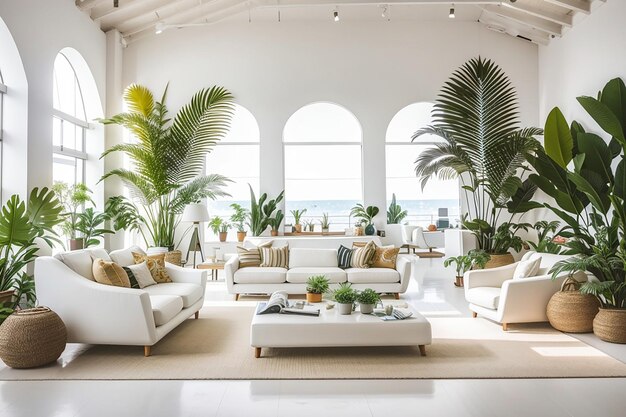 In this large white room there are sofas spacious white chairs and tropical decorations