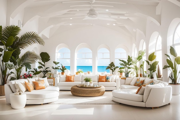 In this large white room there are sofas spacious white chairs and tropical decorations