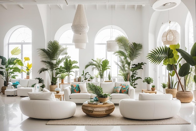 In this large white room there are sofas spacious white chairs and tropical decorations