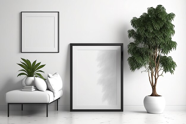 This living room has white walls floor two framed posters a potted tree and a mirror mockup