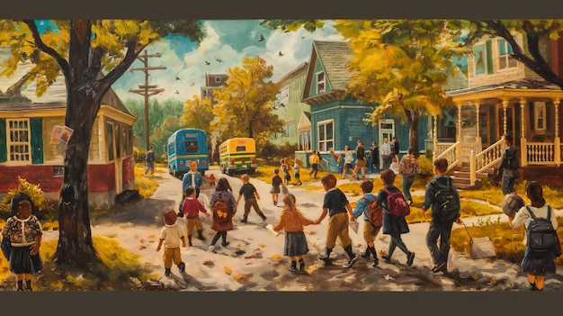 Это похоже на яркую картину детей, выходящих из школьных автобусов на солнечной жилой улице.