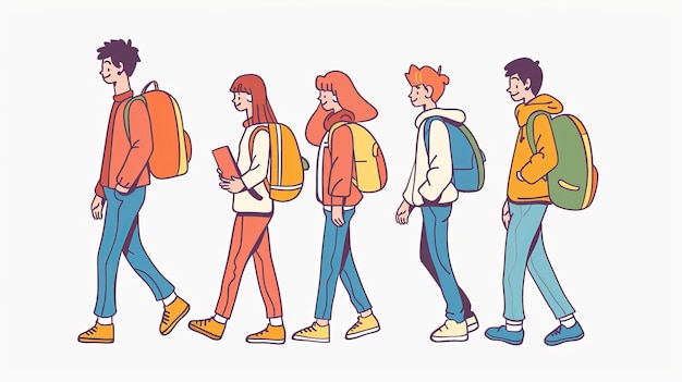 In this minimalist modern illustration students are walking in line and chatting