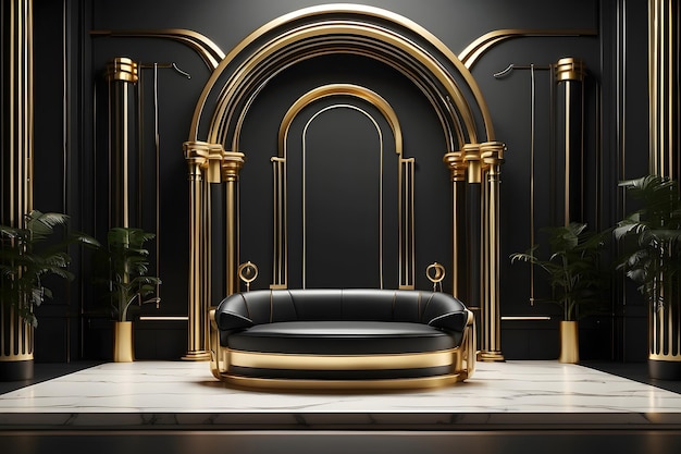 This mockup featuring a black wall gold details and columns provides a lavish background