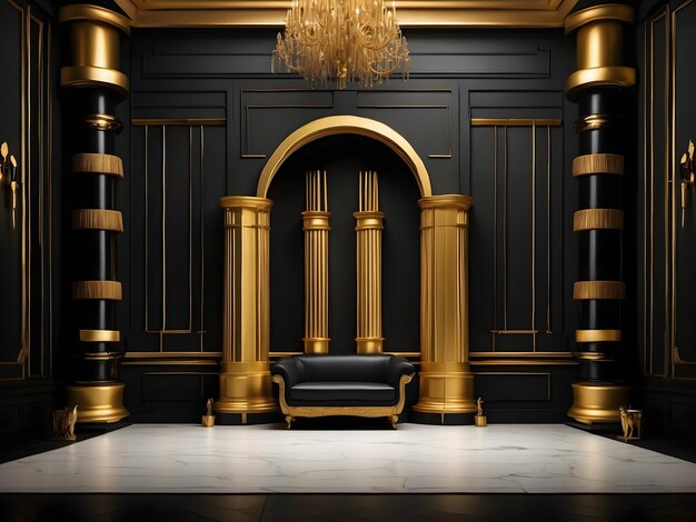 This mockup featuring a black wall gold details and columns provides a lavish background