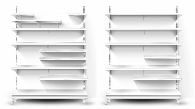This mockup shows an empty supermarket shelf with racks and displays for displaying products A realistic 3D modern illustration of a bookcase stand from different angles A blank mock up of