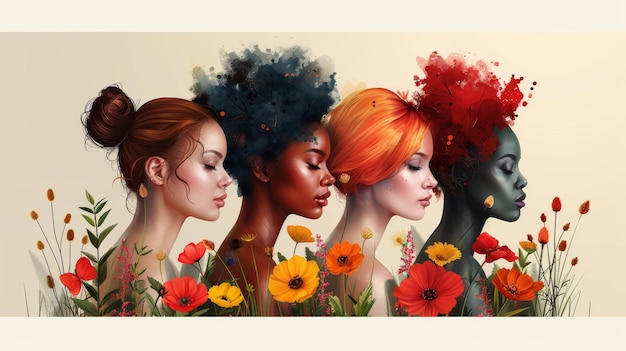 Photo this modern banner shows women from different cultures female power among flowers and plants international women39s day women39s empowerment day world feminism day