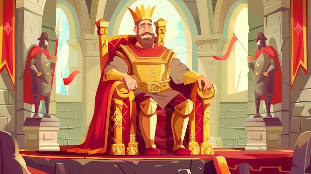 Photo in this modern cartoon fairytale illustration a king sits on the throne of a medieval castle wearing a golden crown surrounded by knights and red flags