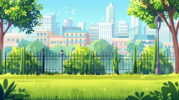 This modern cartoon illustration depicts a summer landscape of a park with grass trees and city houses behind a metal fence The cityscape includes modern eco buildings with green plants on