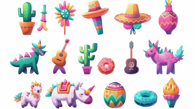 This modern cartoon illustration shows pinata cactus guitar and maraca icons in the shape of donkeys donuts candy and dinosaur This is an illustration for a Spanish birthday party or Cinco de