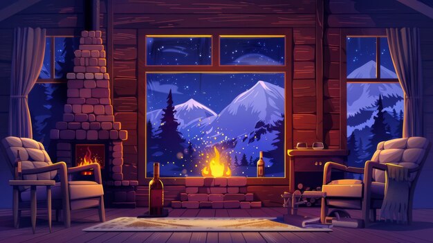 Photo in this modern cartoon illustration we can see a warm living room with vintage armchairs and couches near the fireplace wine bottles on tables and a mountain scene outside in the distance we can