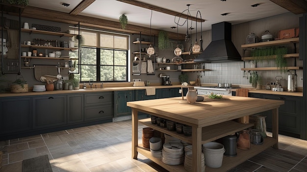 Эта современная загородная кухня сочетает в себе практичность и красоту с открытыми деревянными полками белого цвета и техникой из нержавеющей стали.