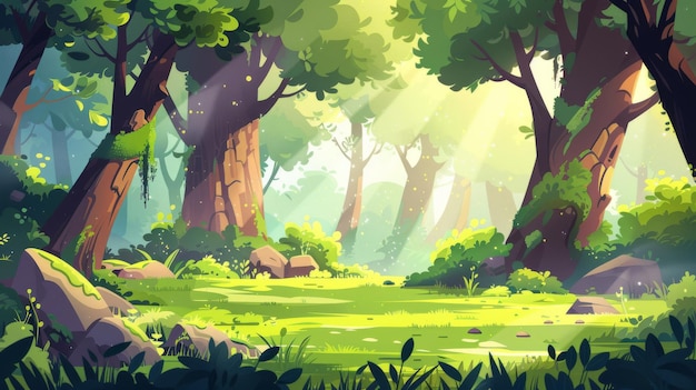 This modern illustration features a forest background with deciduous trees moss on rocks grass bushes and sunlight spots