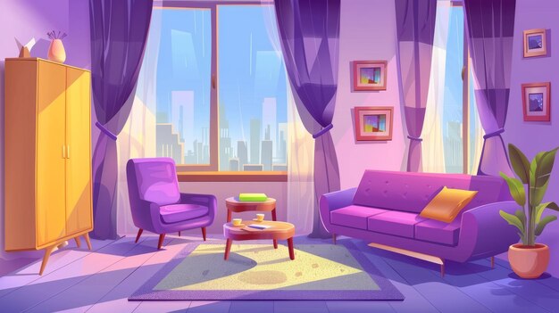 In this modern illustration you can see an empty lounge interior with a sofa chair cabinet books on a table and a large window in a modern living room with purple upholstery and curtains