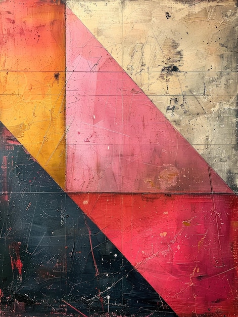 This painting features a bold composition of intersecting red yellow and black triangles The colors