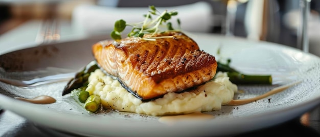 This panseared salmon on a bed of mashed potatoes and asparagus speaks to a mastery of culinary skills offering a balance of textures and flavors