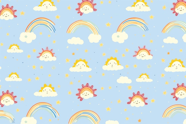 This pattern is a warm design featuring cute clouds and the sun under bright sunshine