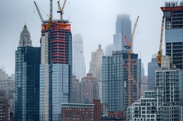 Фото Эта фотография захватывает обширную перспективу города, демонстрируя его высокие здания и строительные краны в действии городской горизонт во время строительства нового небоскреба
