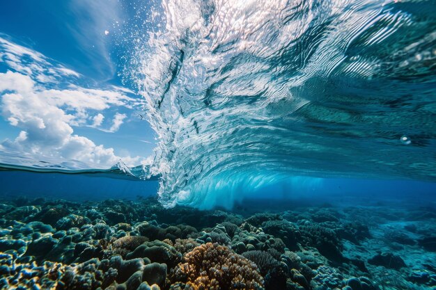 写真 この写真はサンゴ礁の海底の景色を撮影し背景に波がぶつかっているサンゴ岩に波が打ちのめする驚くべき景色 aiが作成した