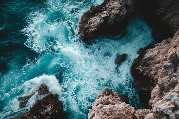 This photo captures a birdseye view of a body of water showcasing its vastness and surrounding landscape Top view of fascinating rock formations among frothy oceanic waves AI Generated