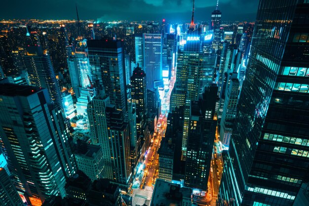 This photo captures a breathtaking view of a city at night as seen from the top of a towering skyscraper A bold futuristic cityscape at night AI Generated