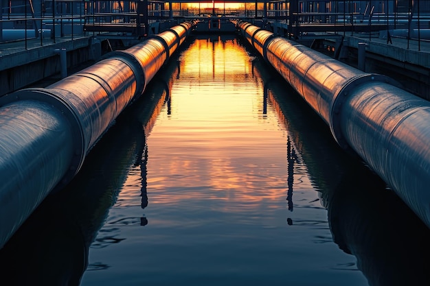 This photo captures a clear view of a sizable pipe positioned in the center of a body of water Dramatic reflections of industrial pipelines on water AI Generated