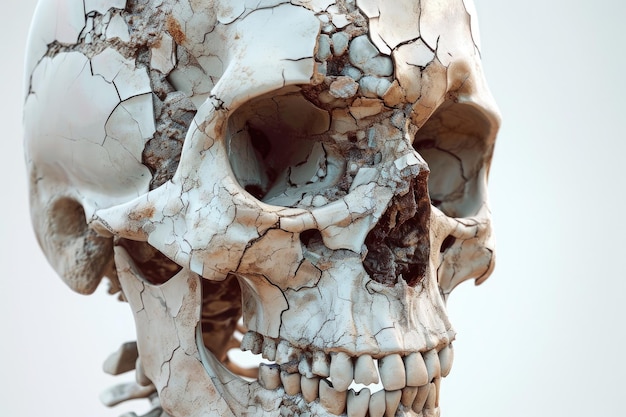 Photo this photo captures a closeup view of a human skull placed on a white background revealing intricate details render a complex layerbylayer diagram of a skull fracture ai generated