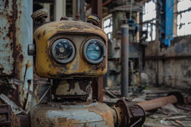 This photo captures a detailed closeup of an old and rusted gas pump showcasing its wornout appearance An old rusty robot in an abandoned factory AI Generated