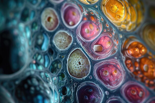 Foto questa foto cattura una vista dettagliata di numerose bolle vibranti che galleggiano nell'aria closeup di un organo sotto un microscopio ai generato