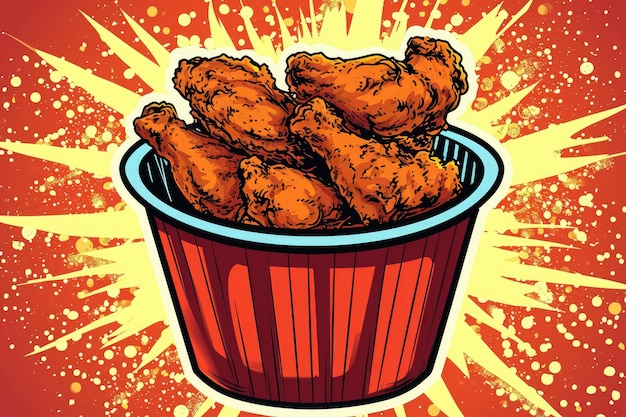 Photo this photo captures a group of fried chicken pieces placed in a cup ready to be enjoyed a bucket of fried chicken in comicbook style ai generated