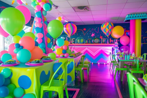 This photo captures a room brimming with numerous colorful balloons and tables Neoncolored balloons for an 80s themed birthday party AI Generated