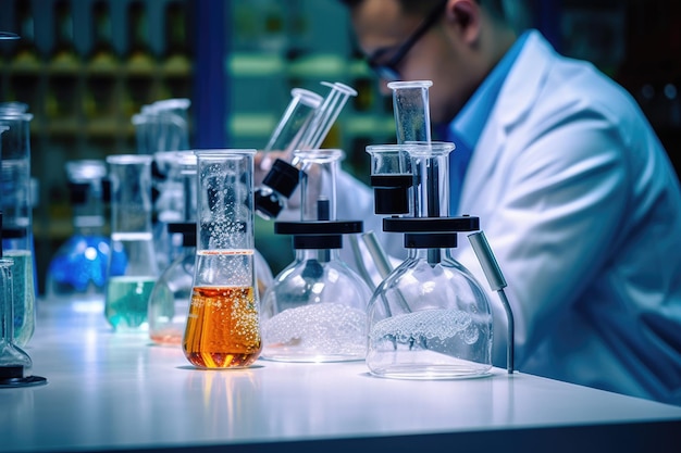 This photo captures a scientist working in a laboratory with test tubes highlighting the concept of