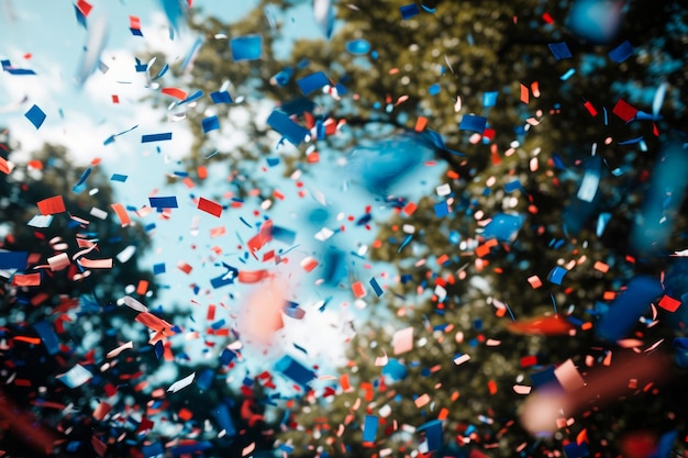 Foto questa foto cattura un vibrante assortimento di confetti rossi, bianchi e blu che cadono in aria confetti rosso, bianco e blu che galleggiano su un picnic del 4 luglio generato da ai