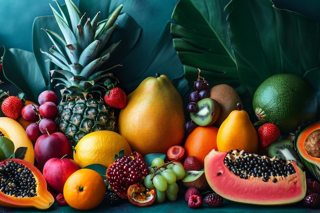 Photo this photo captures a vibrant painting that showcases an assortment of fruits and vegetables arranged in an appealing manner exotic fruits assortment from around the world ai generated