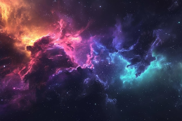 This photo captures a vibrant space with an abundance of stars and clouds creating a visually striking scene Ethereal depiction of nebula in cool color gradient AI Generated