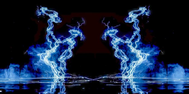 This photo captures a vivid blue background with multiple electrical lightning bolts crisscrossing and overlapping each other The lines create a dynamic and striking visual effect