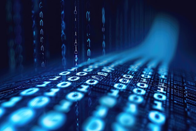this photo depicts a blue background with numbers and lines creating a structured and numerical pattern binary code creating a barcode scan effect ai generated