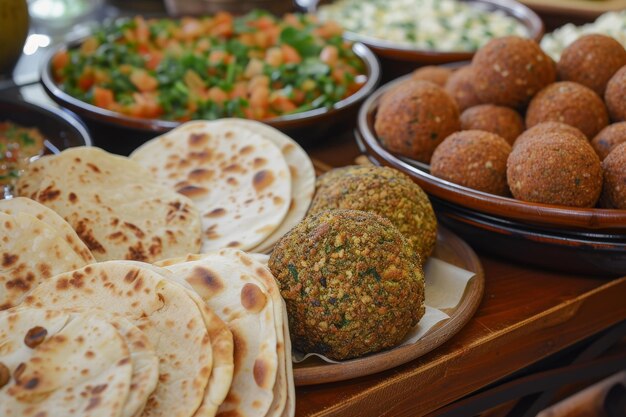Photo this photo depicts a closeup view of various plates of food arranged on a table variety of traditional lebanese flatbreads served with falafel ai generated