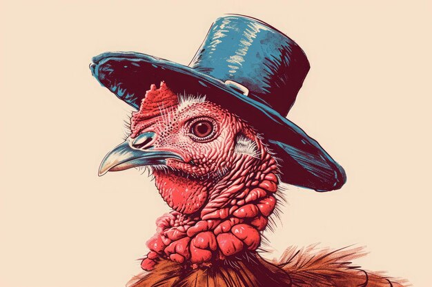 This photo depicts a detailed drawing of a turkey wearing a top hat showcasing a whimsical and festive portrayal of the bird Playful illustration of a turkey wearing a pilgrim hat AI Generated