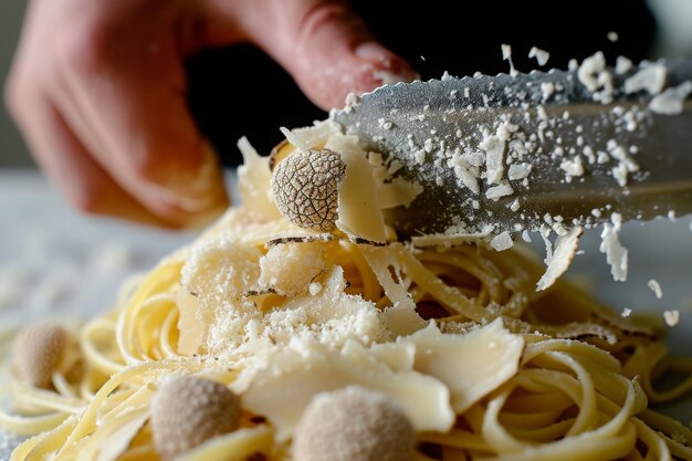 In this photo a person is seen cutting up food on top of a plate using a knife White truffle being shaved onto pasta AI Generated