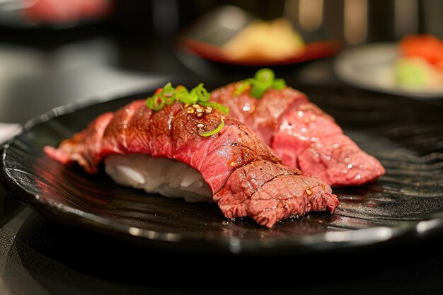 이 사진은 완벽하게 은 고기와 신선하고 다채로운 채소와 엘리트 A5 Wagyu 고기 수시가 끔한 검은 접시에 여있는 검은 판을 보여줍니다.