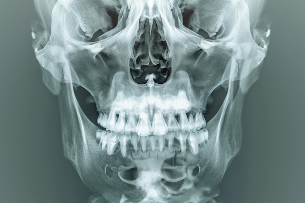 Photo this photo showcases a detailed xray image of a human skull highlighting its bone structure and features detailed xray film of the facial bones ai generated