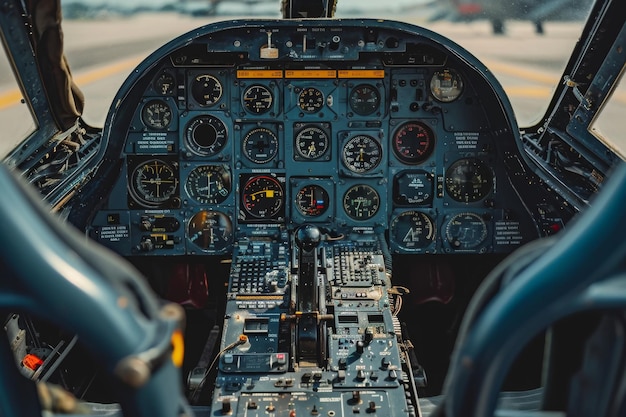 Photo this photo showcases a factual view of the interior of an airplanes cockpit providing a glimpse of the controls and instruments closeup view of a fighter aircraft cockpit ai generated