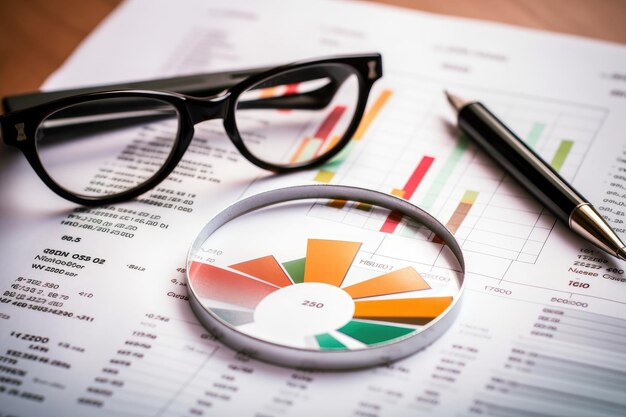 This photo showcases a financial chart placed on a table in the office accompanied by a pen and gla