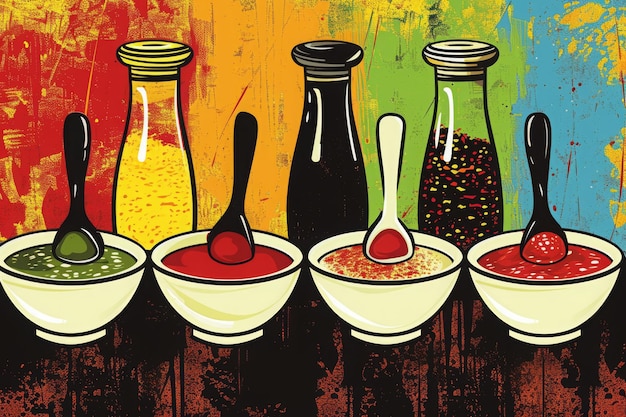 This photo showcases a realistic painting depicting a row of bowls containing various types of condiments A pop art image of different Chinese sauces AI Generated