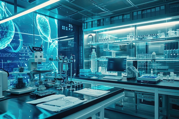 Photo this photo showcases a science lab filled with a diverse range of equipment and instruments a futuristic laboratory engaged in biotechnology research ai generated