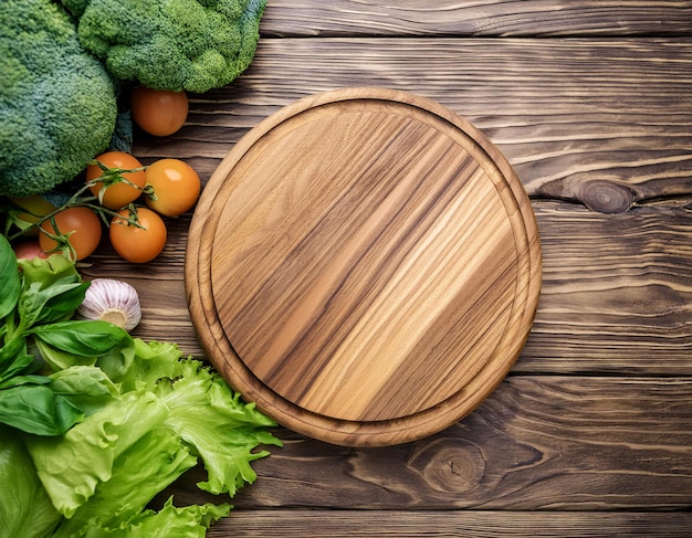 この写真は木製のトレイで提供される様々な新鮮な野菜を示しています新鮮で健康的な