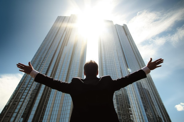 写真 この写真は、高層ビルで腕を高く上げているビジネスマンを捉えています。彼の自信は