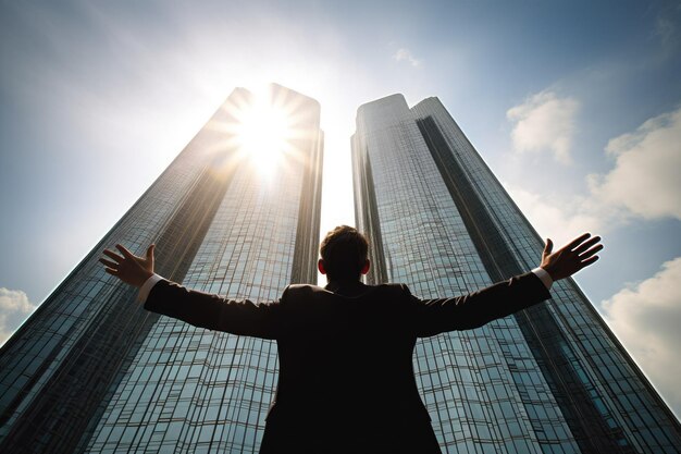 Photo this photograph captures a businessman raising his arms high at a skyscraper his confidence